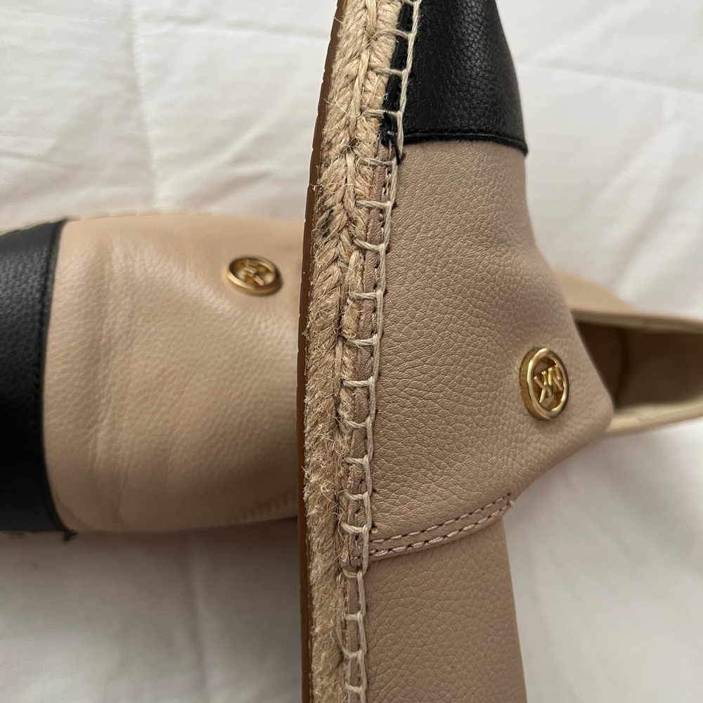 Michael Kors Beige and Black Leather Espadrille Loafer with Gold MK Accent